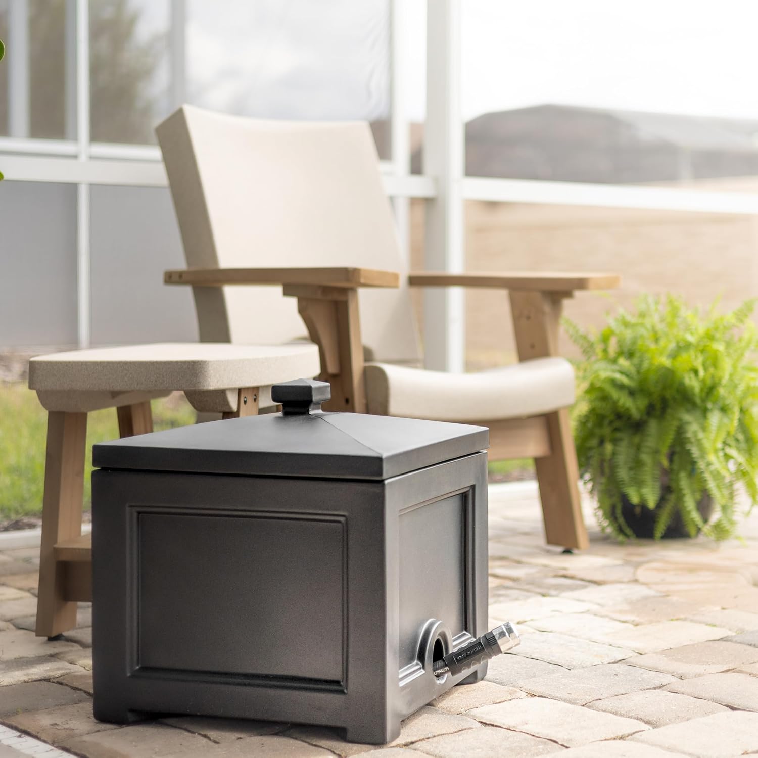 Mayne Fairfield Garden Hose Bin - Black - 17in L x 17in W x 18in H - Holds up to 100 ft. of standard garden hose (5858-B) | Concealed storage, Holds 100ft hose, Fade resistant, All-season, 15-year warranty