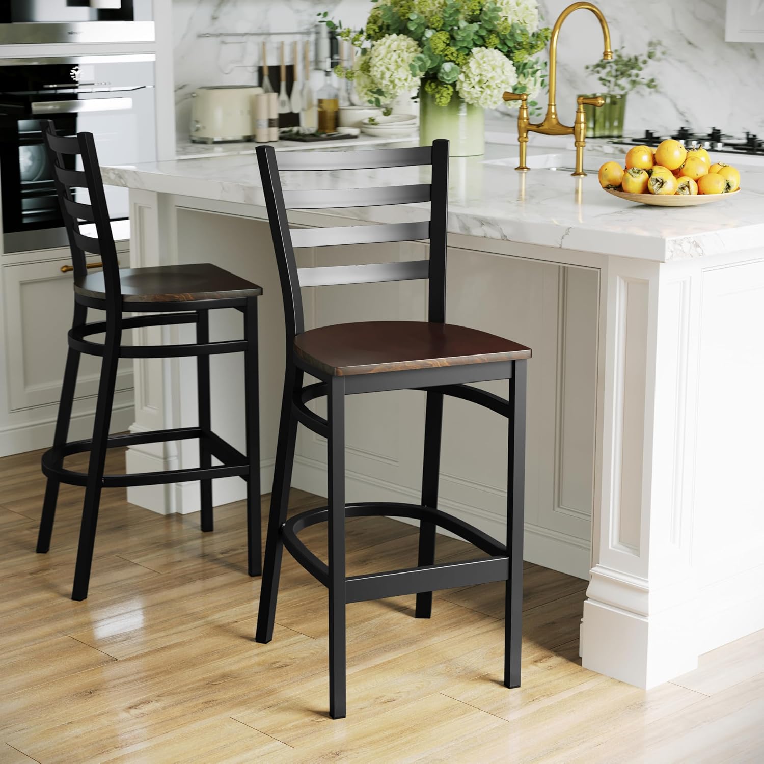 Flash Furniture Hercules Series Ladder Back Metal Restaurant Barstool, Modern Upholstered Armless Bar Height Chair for Restaurants and Kitchens, Black | Vinyl Upholstery, Durable Construction, Commercial Use