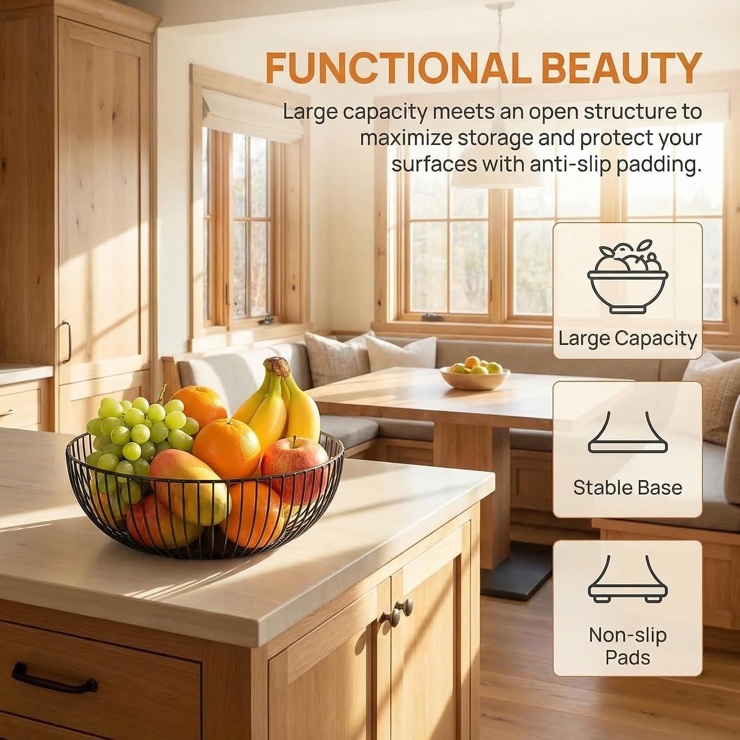 Yesland 2 Pack Metal Wire Fruit Basket- 11 Inches Black Kitchen Countertop Fruit Bowl Vegetable Holder for Bread, Snacks