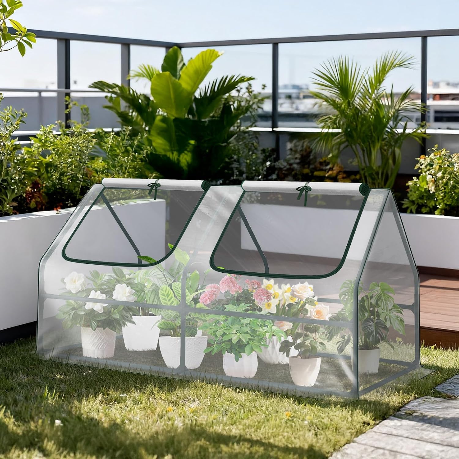 Aoodor 6 x 3 x 3 ft Mini Greenhouse with 2 Zipper Doors, Water-Resistant, UV-Protected for Flowers, Vegetables, and Herbs, Green