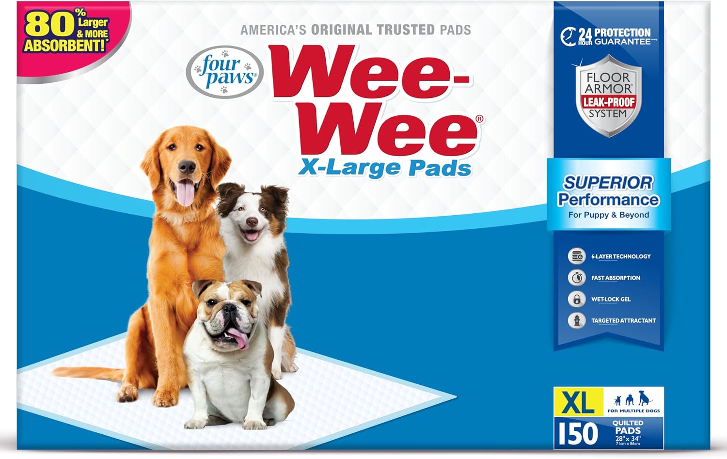 Four Paws Wee-Wee Superior Performance X-Large Dog Pee Pads, 40 Count | Puppy & dog potty training pads, housebreaking supplies, xl puppy pads, pet supplies, 24-hour floor protection, 28" x 34"