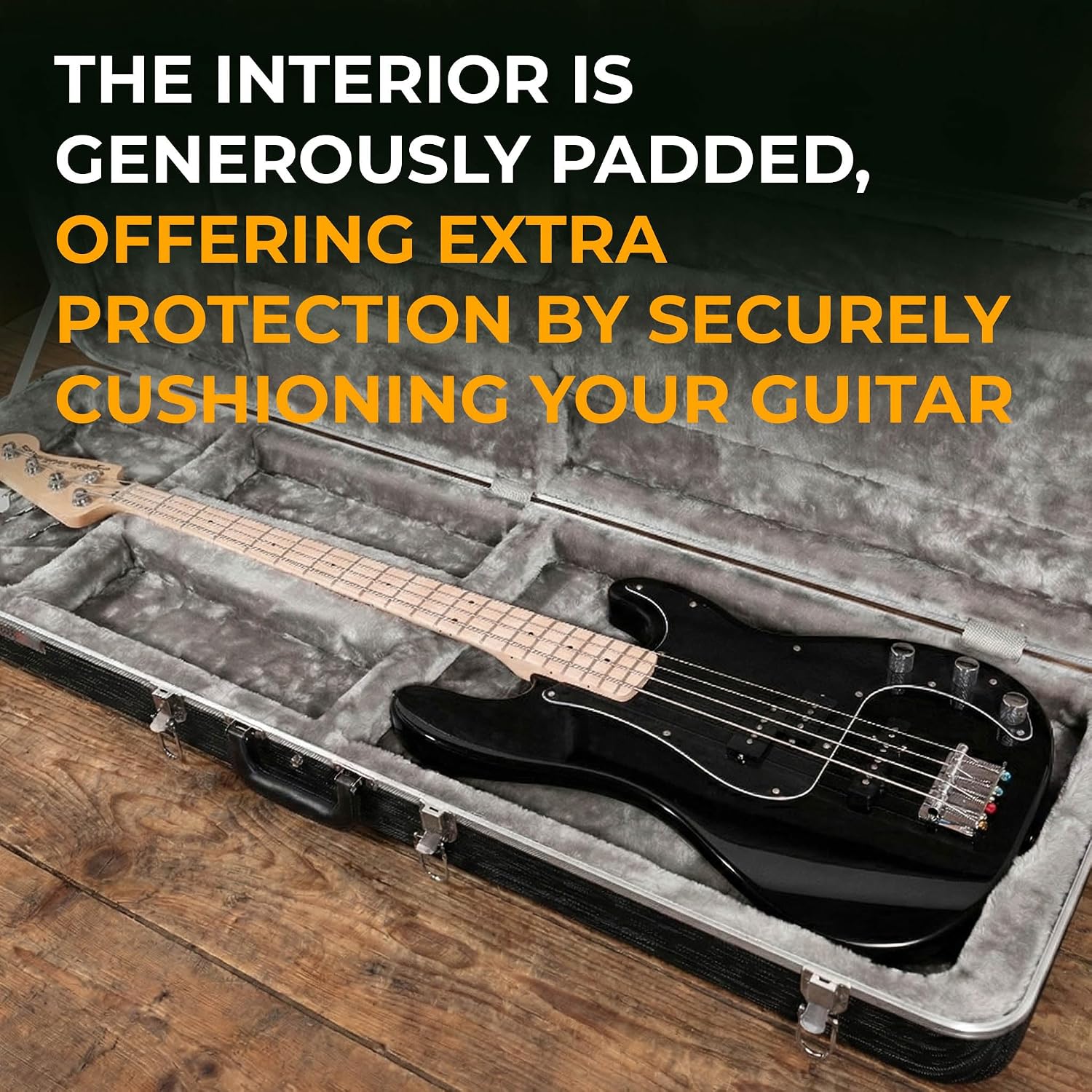 Gearlux Bass Guitar Hard Case, Fits Fender Precision/Jazz Bass and More with Exterior Lock and Key, Interior Accessory Compartment, and Plush Interior Padding - Black