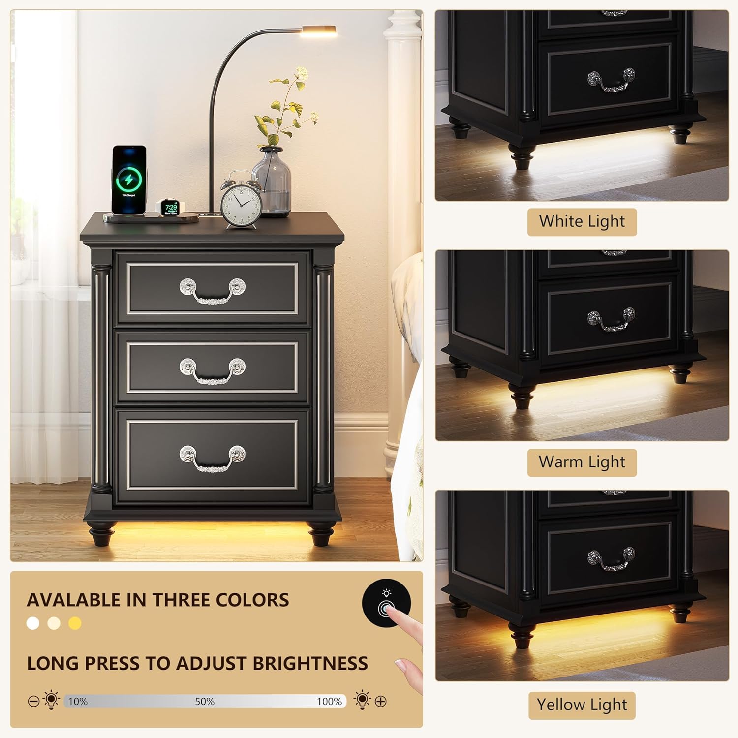 Dystler Nightstand with Gun Drawer and Charging Station | Night Stand with LED Light