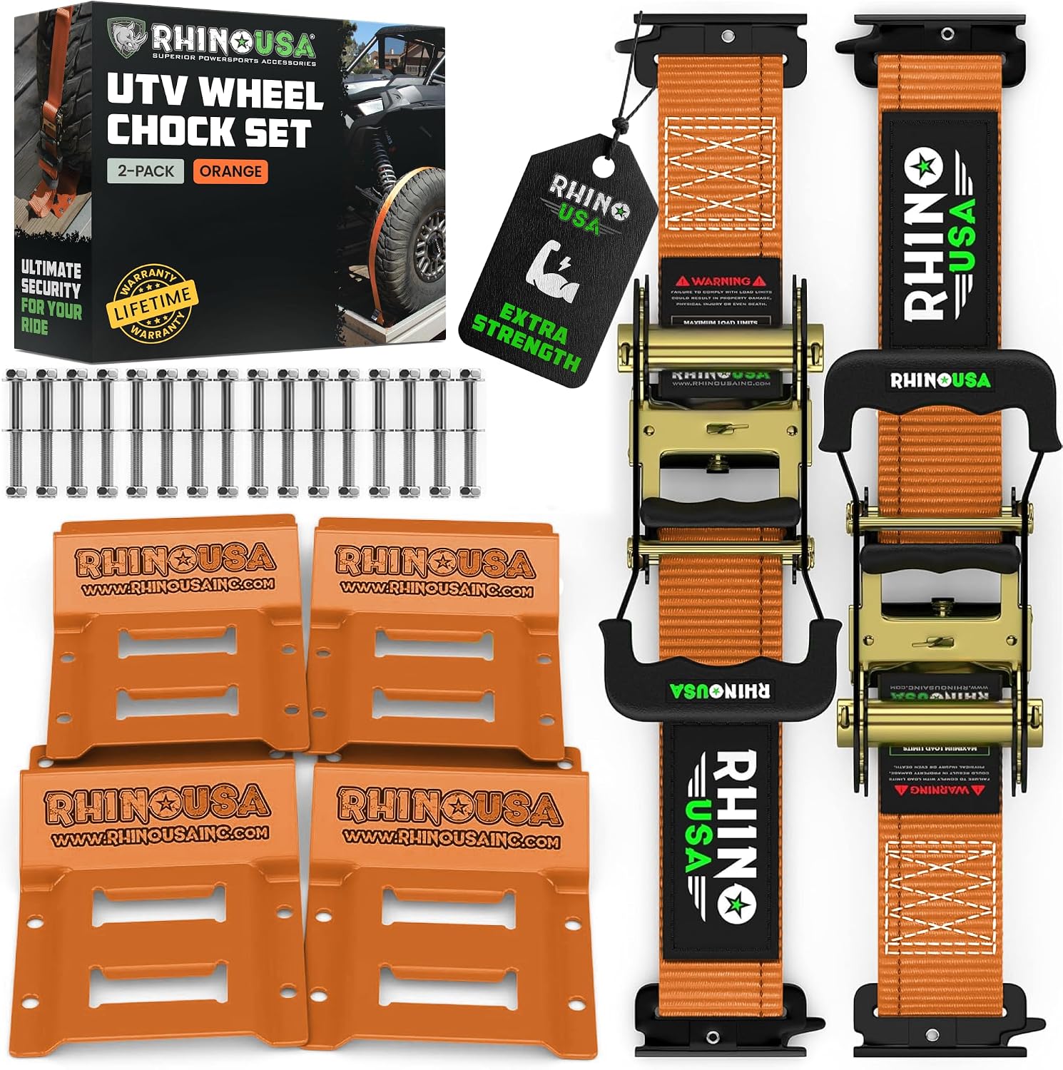 Rhino USA Wheel Chock Tie Down Kit (4,500lb) - 2 Straps & 4 Chocks
