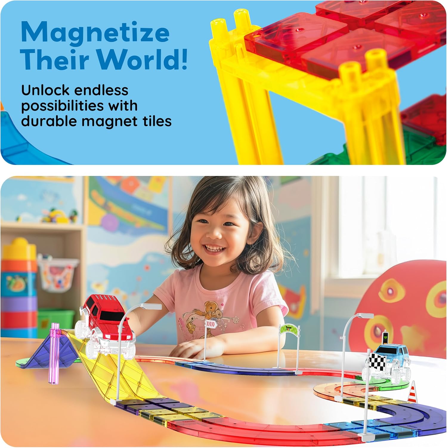 PicassoTiles Race Track Add-On Railway Magnetic Tiles STEM Construction Toy
