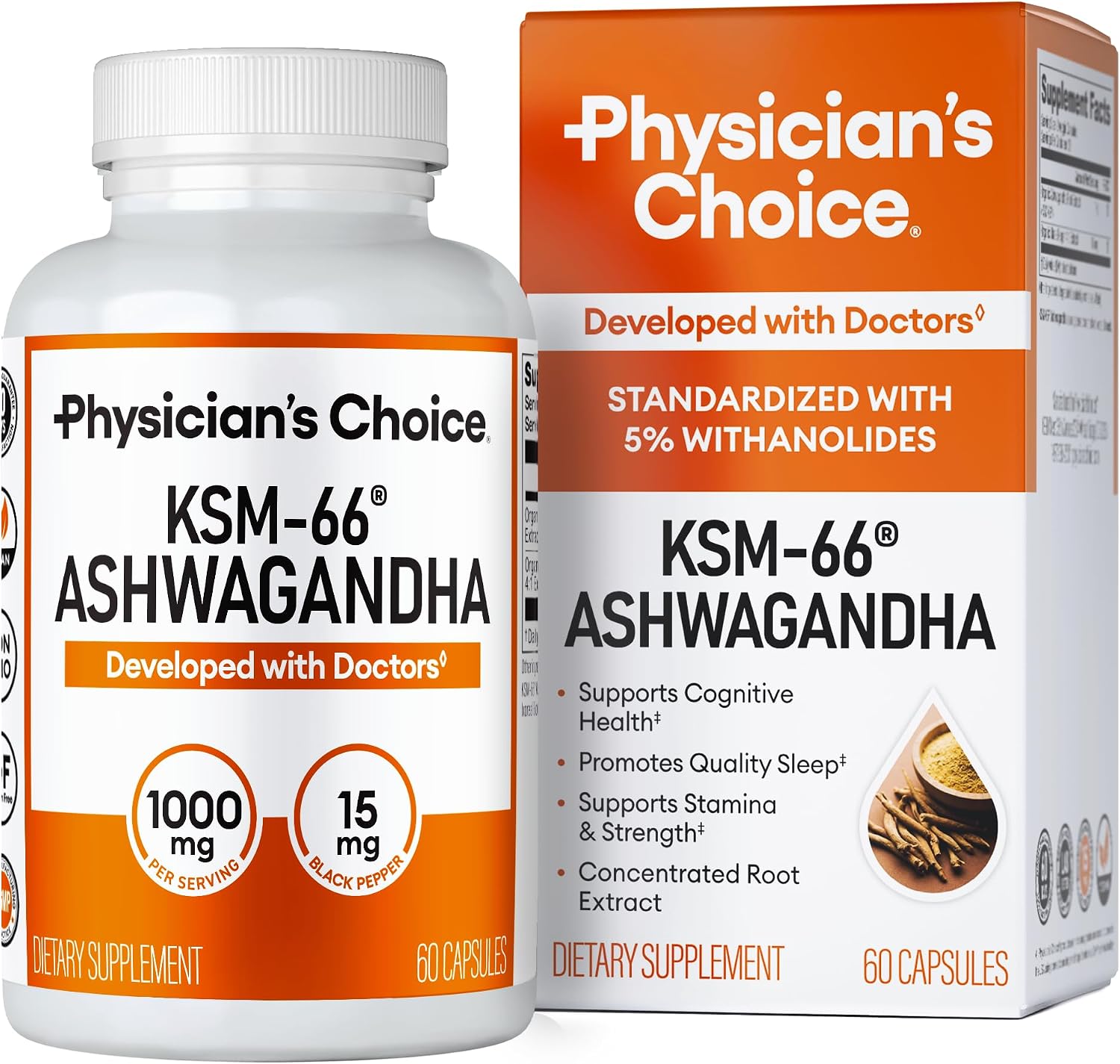Physician's CHOICE KSM-66 Ashwagandha Root Extract 1,000mg, Organic, 60ct
