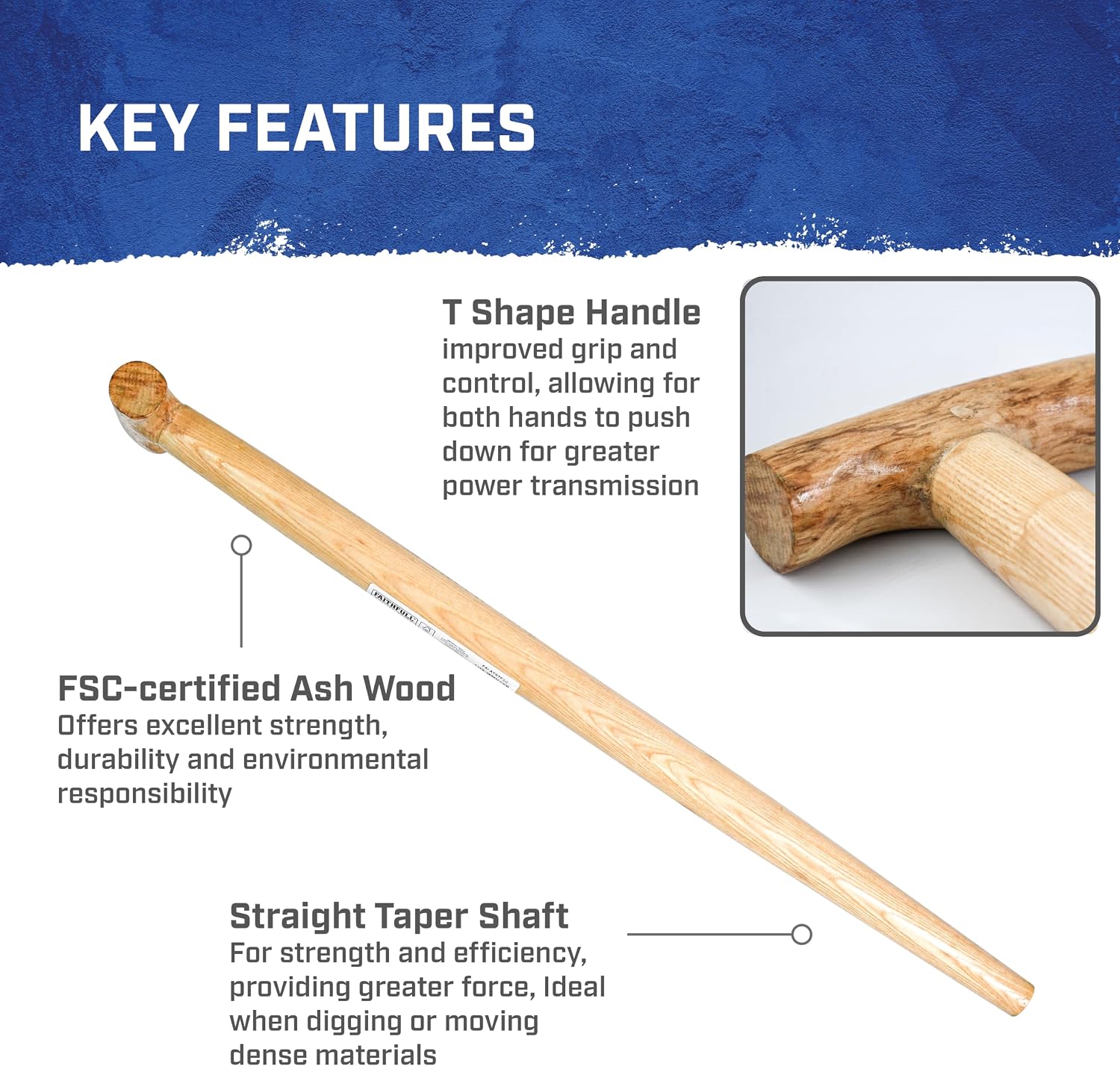 Faithfull Replacement T Handle Straight Taper for Spades, Forks & Shovels – FSC Ash Wood - 71cm (28in)