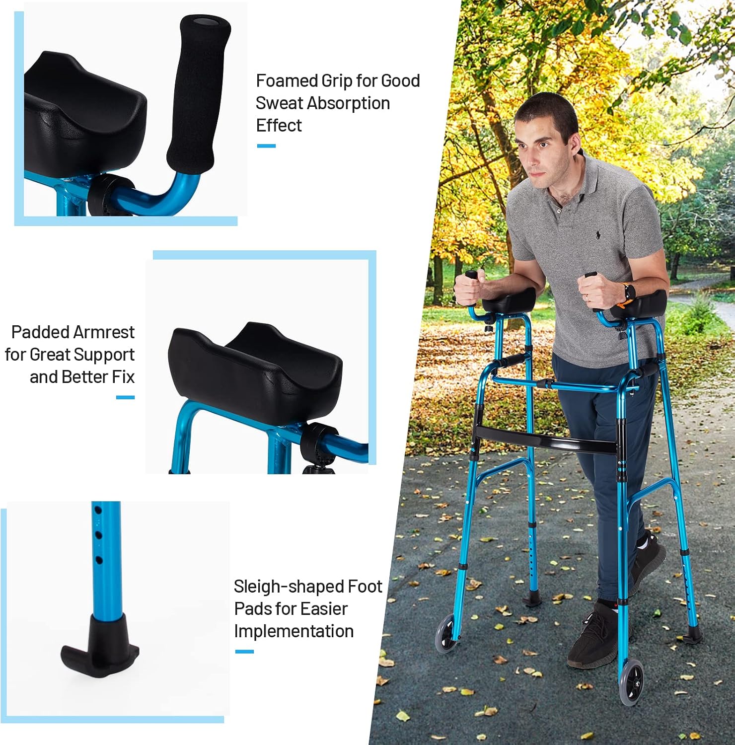 Goplus Walkers for Seniors, Foldable Standard Walker with 5’’ Wheels and Removable Padded Armrests 220lbs, Lightweight Walking Mobility Aid