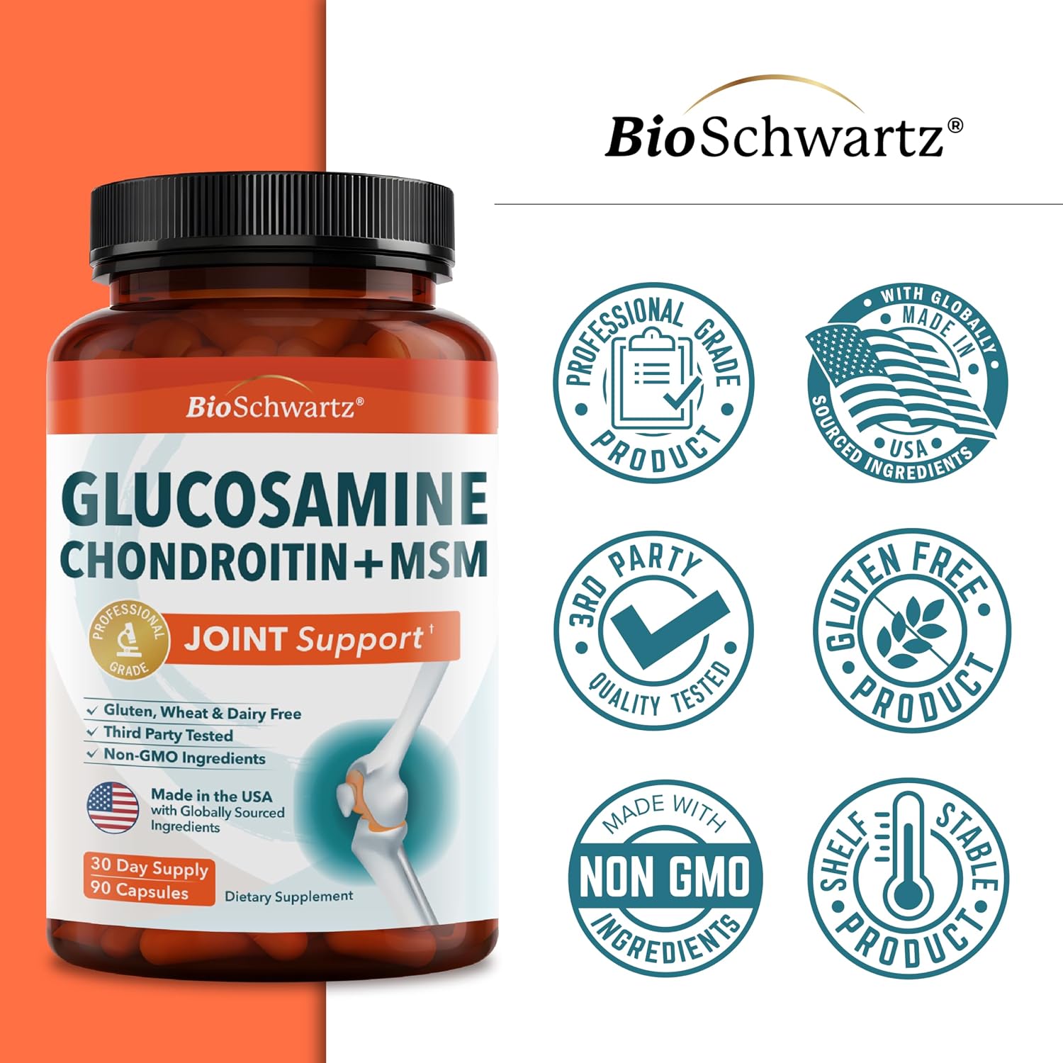 Glucosamine Chondroitin MSM Joint Support Supplement, 90 Capsules | Turmeric & Ginger, Hyaluronic Acid, Collagen, Glucosamine Chondroitin Sulfate for Joint Comfort, Gluten Free, Non GMO