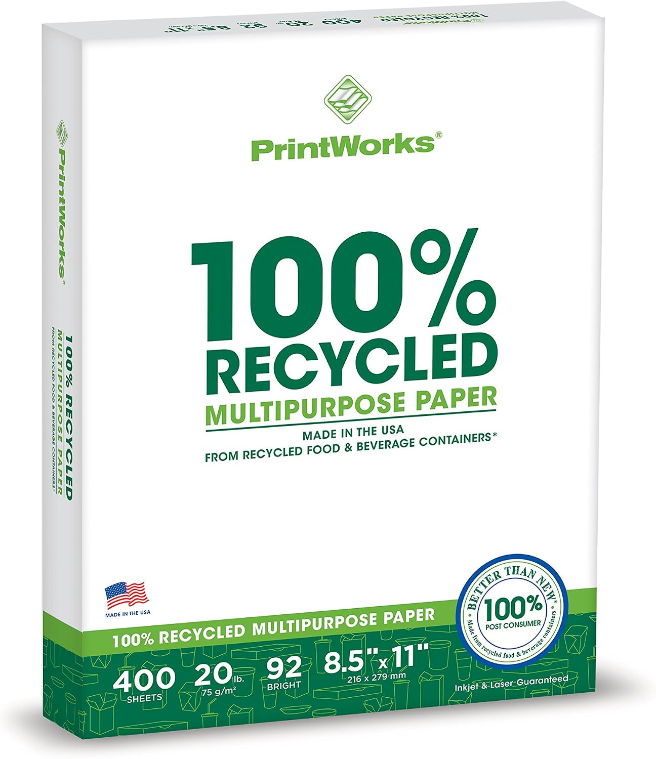 PrintWorks 100% Recycled Printer Paper 8.5" x 11" White - 20 lb Copy & Multipurpose Computer Paper - 6 Packs