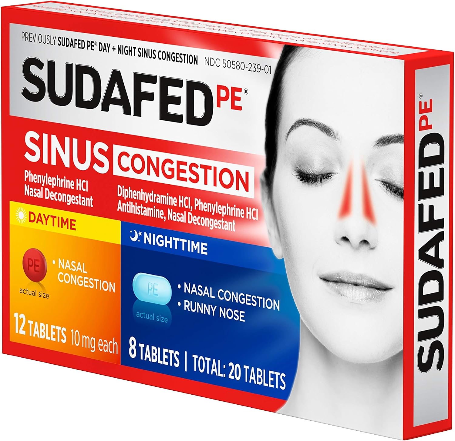 Sudafed PE Day + Night Tablets, Phenylephrine HCl, 20 ct | Diphenhydramine HCl, Maximum Strength Decongestant & Antihistamine