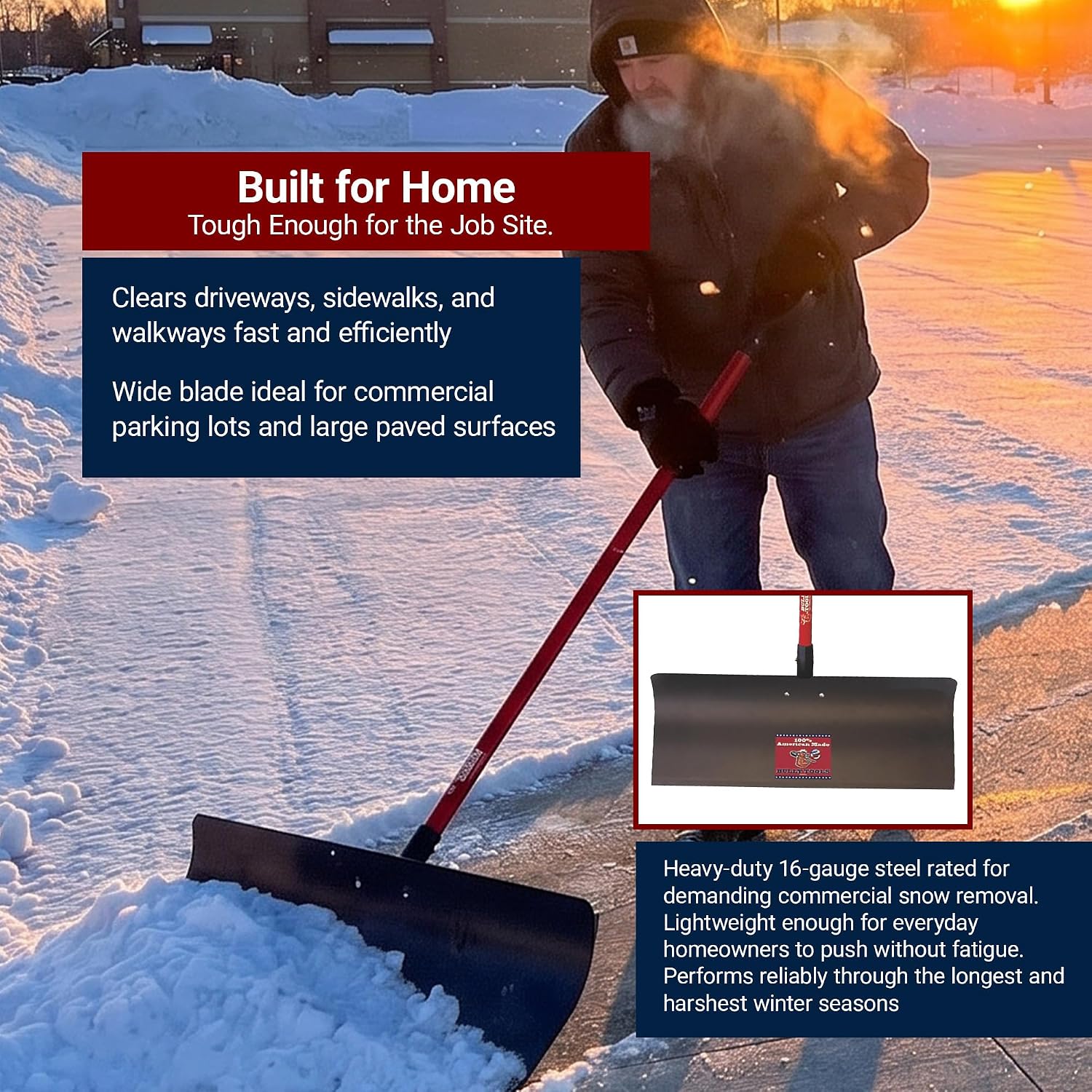 Heavy Duty Steel Snow Pusher - Extra Long Fiberglass D-Grip Handle, Durable Wide Metal Push Shovel for Driveways, Sidewalks & Parking Lots