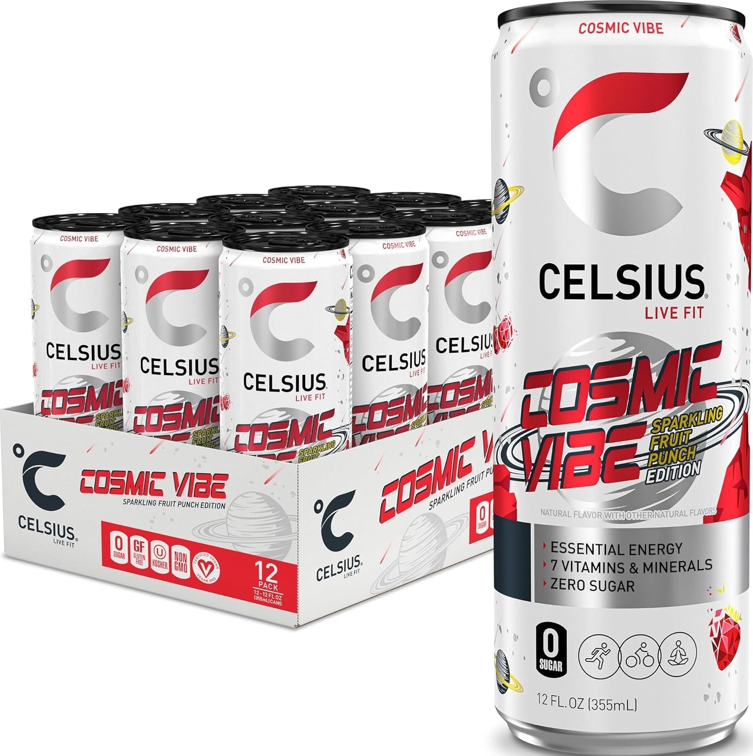 CELSIUS PEACH VIBE Sparkling White Peach, Sugar Free Energy Drink, 12 Fl Oz (Pack of 12)