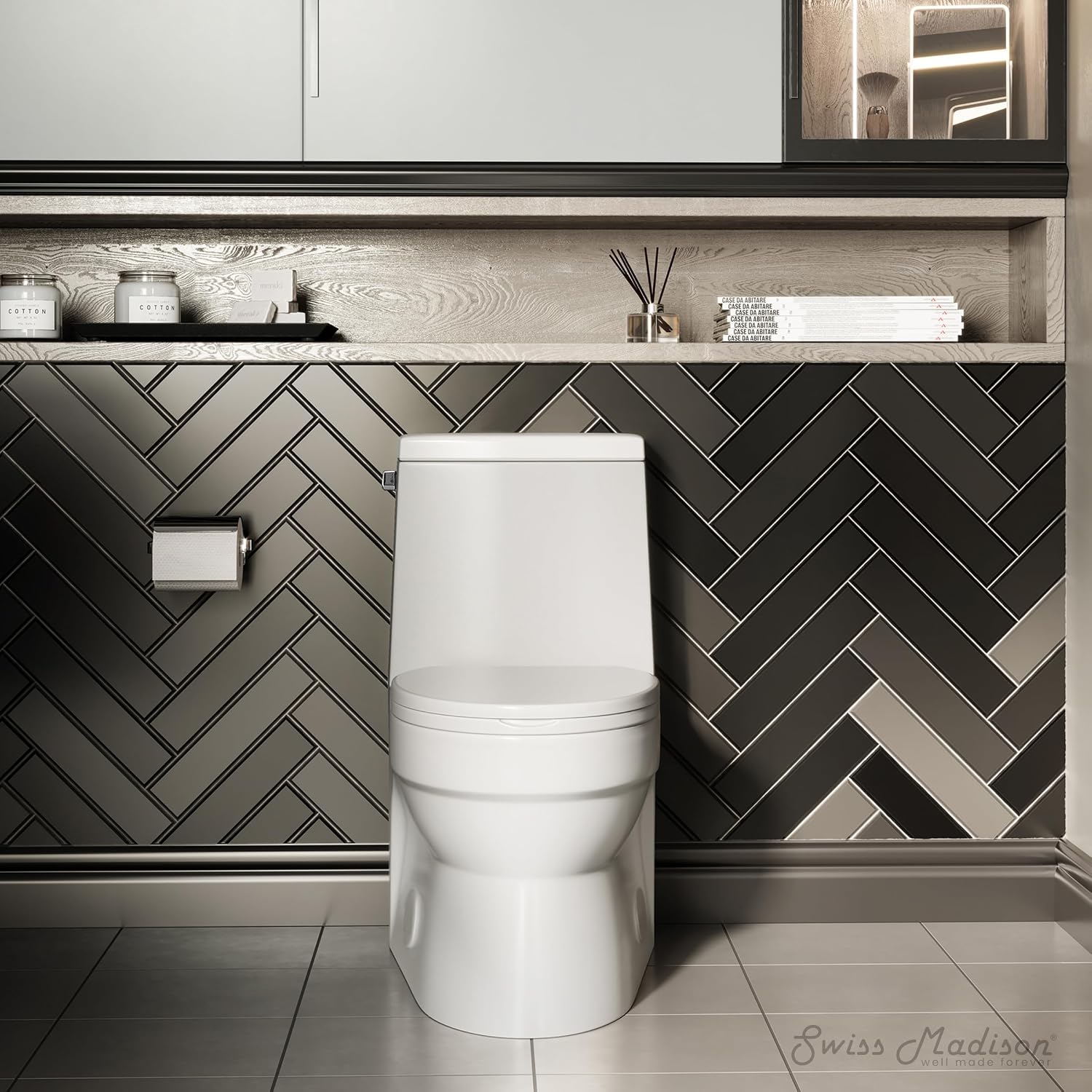 Swiss Madison SM-1T123 Virage One Piece Toilet, Modern Toilets For Bathrooms, ADA Toilet, Elongated Left Side Flush Handle Toilet 1.28 GPF