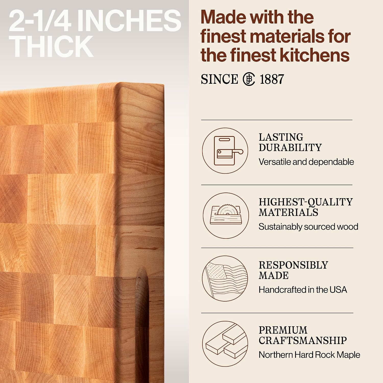 John Boos CCB Series Square Wooden Maple Cutting Board 18”x18” – 2.25” Thick, 22-lb Reversible Butcher Block with End-Grain & Finger Grips – Made in the USA