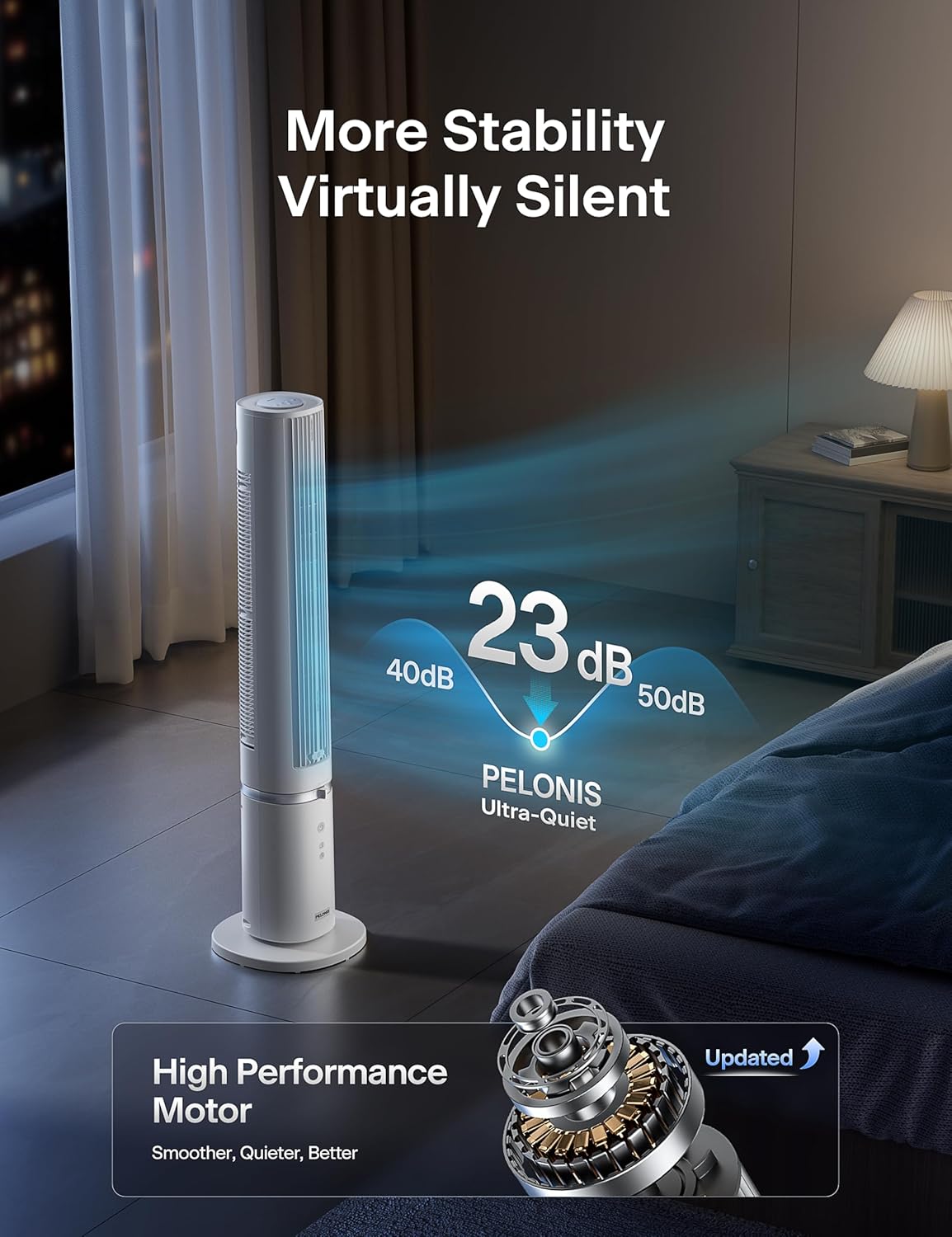 PELONIS 40-inch Bladeless Tower Fan for Bedroom, Standing Fan with Remote Control, 26ft/s, 90° Oscillation, 3 Speed Settings, 27 dB, 3 Modes