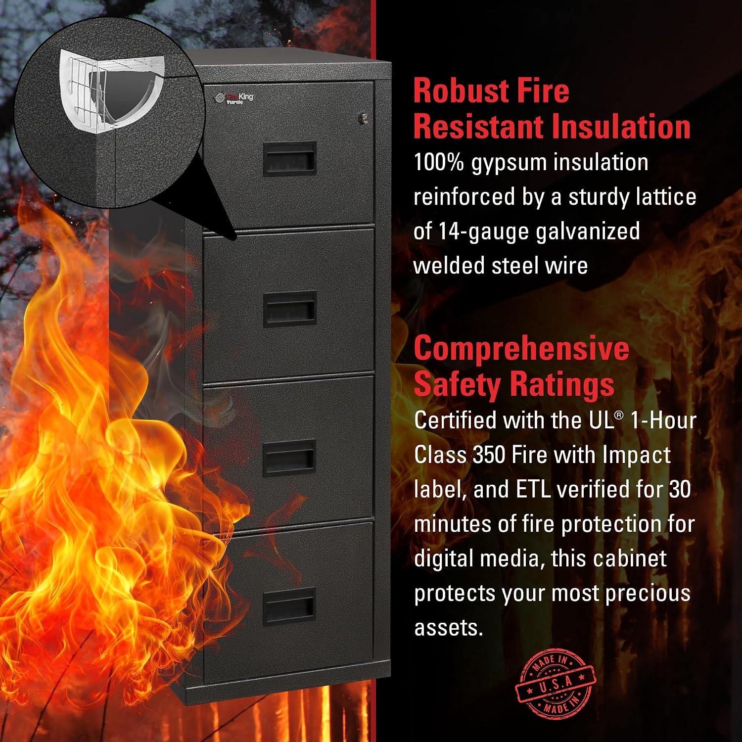 FireKing Turtle Vertical 2 Drawer Fire Rated File Cabinet, Black | 1 Hour Fire Rated Filing Cabinet - UL Class 350 - Water Resistant - Key Lock - Made in USA