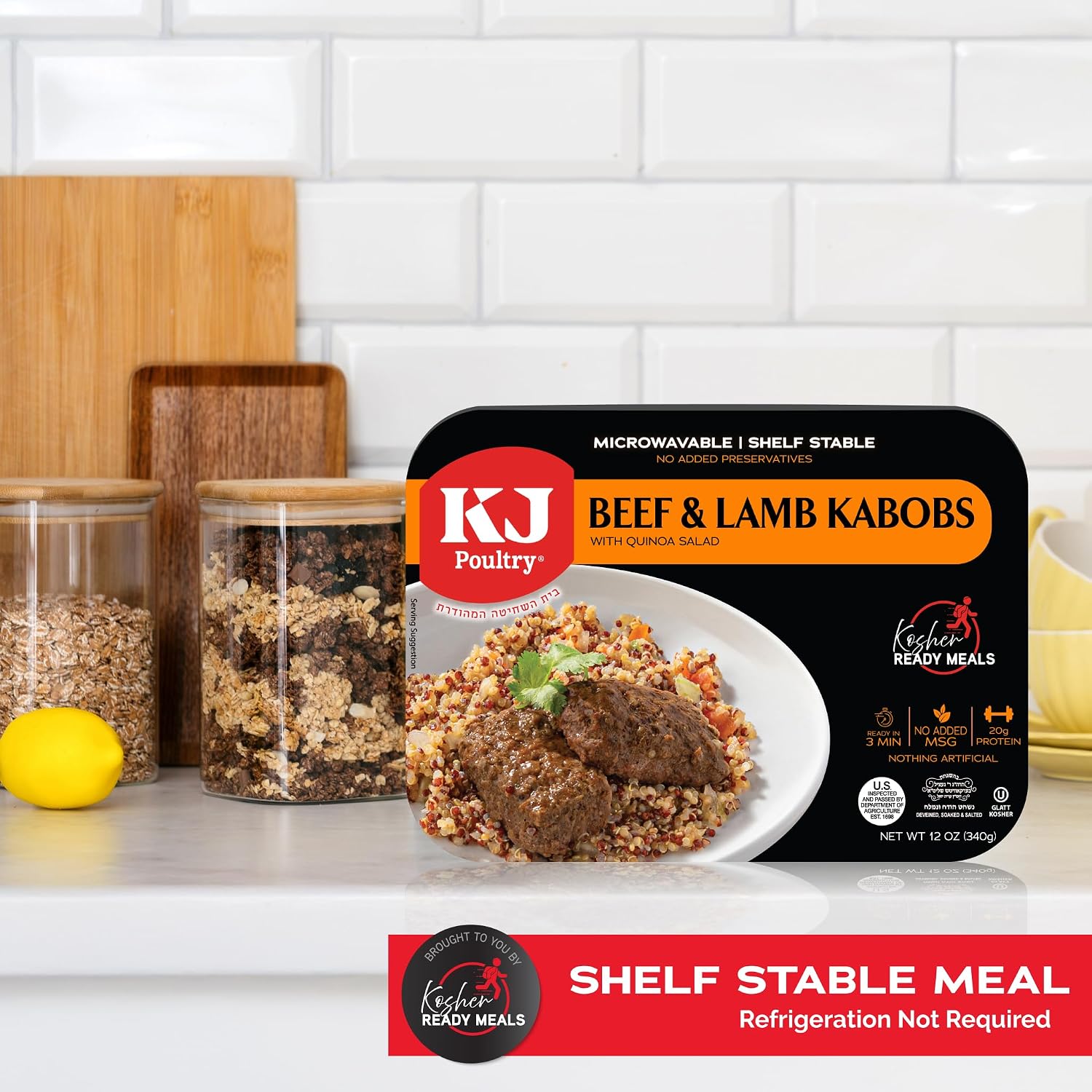 KJ Poultry Kosher Ready Meals - Beef Lamb Kabob & Quinoa, MRE Meat Meals Ready to Eat (1 Pack) Prepared Entree Fully Cooked, Shelf Stable Microwave Dinner Travel, Military, Camping, Emergency Survival