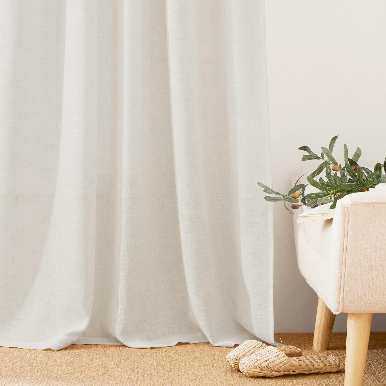 RYB HOME Linen Sheer Curtains - Linen Textured Semi Sheer Curtains for Kids Nursery Bedroom Living Room Window