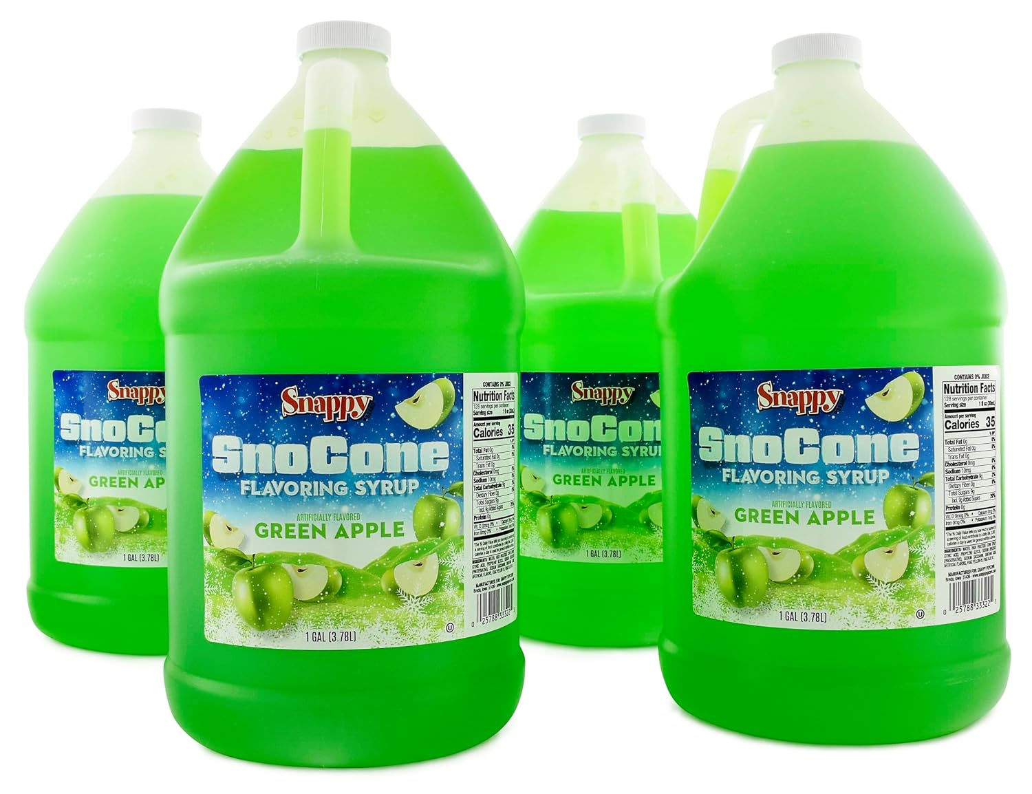 Snappy Green Apple Sno Cone Syrup, 1 Gallon 4 Pack, Ready to Use for Snow Cone Machines and Shaved Ice