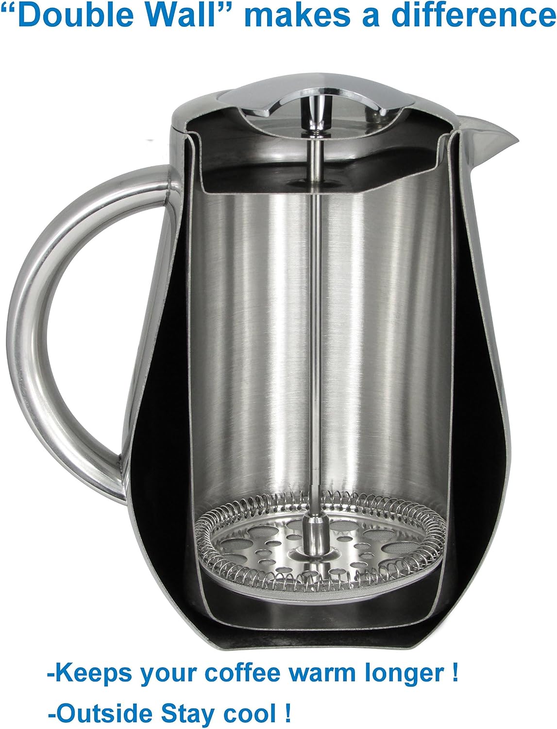SterlingPro Large Insulated Stainless Steel French Press Coffee Maker 51oz Capacity (44 oz Brew Yield) – Double Wall Metal Coffee Press | Plastic Free | Cool-Touch | Mirror Finish | 12 Cups / 6 Mugs