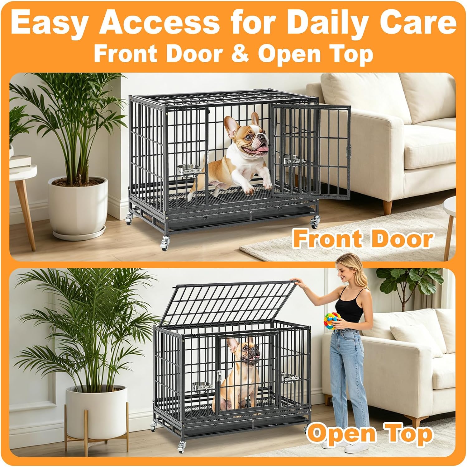 Homey Pet Three Tiers 43 inch Heavy Duty Dog Crate with Wheels, Dual Doors | Stackable Indestructible Steel Dog Cage Kennel Indoor with Divider, Trays, Bowls, Escape Proof Locks for Breeders and More