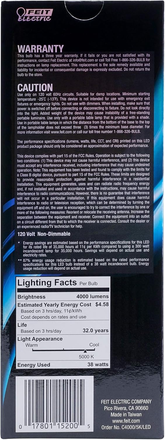Feit Electric C4000/5K/LED LED Light Bulb, Yard, Yard Light