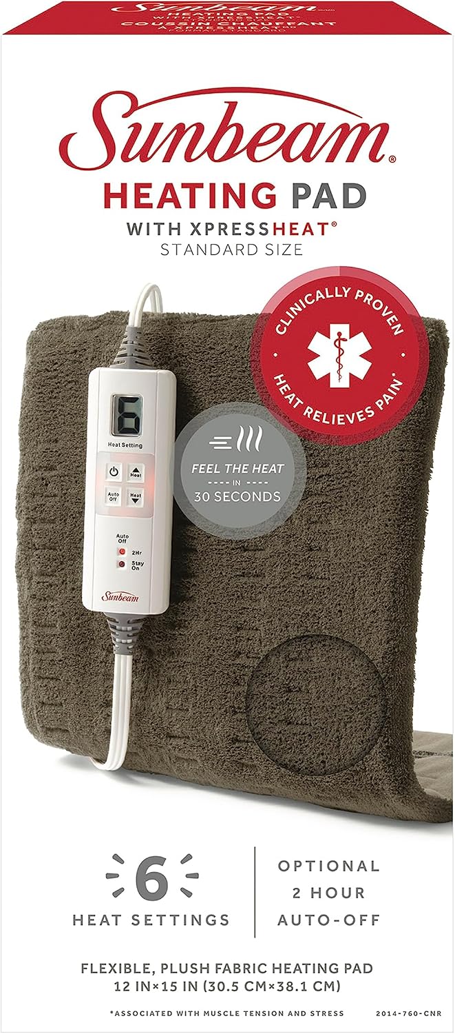 Sunbeam Premium Heating Pad with XpressHeat Technology, Standard Size, Brown