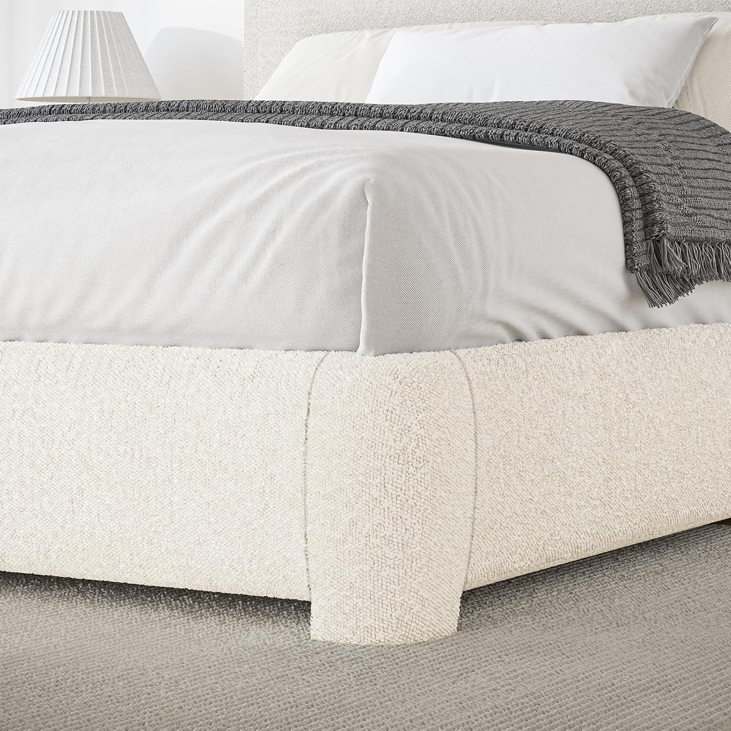 BarnFurin Full Bed Frame, Cloud Boucle Headboard, Rounded Corners, White | Soft boucle and rounded edges create a low-profile cloud look. Wooden slats support the mattress without a box spring