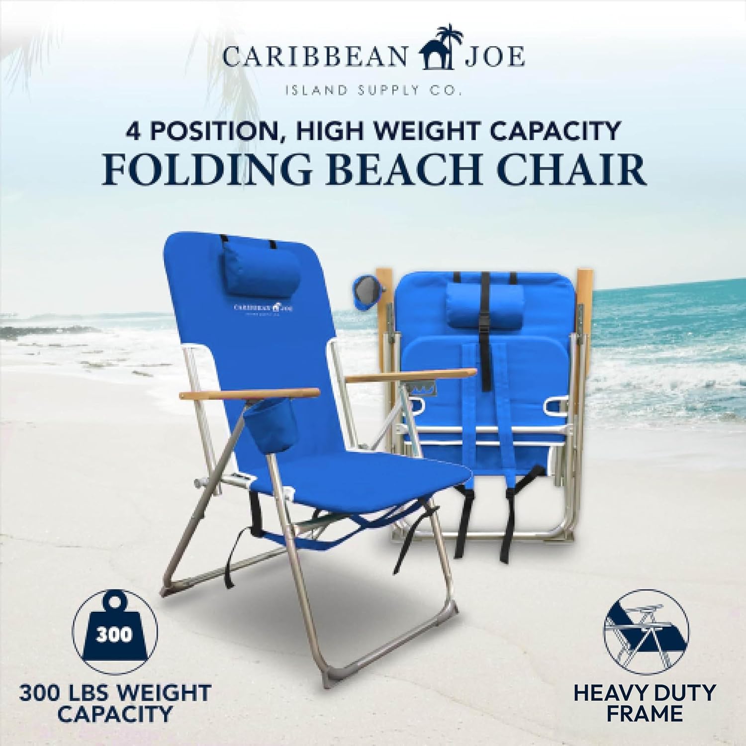 CARIBBEAN JOE Folding Beach Chair, 4 Position Portable Backpack Foldable Camping Chair with Headrest, Cup Holder, and Wooden Armrests