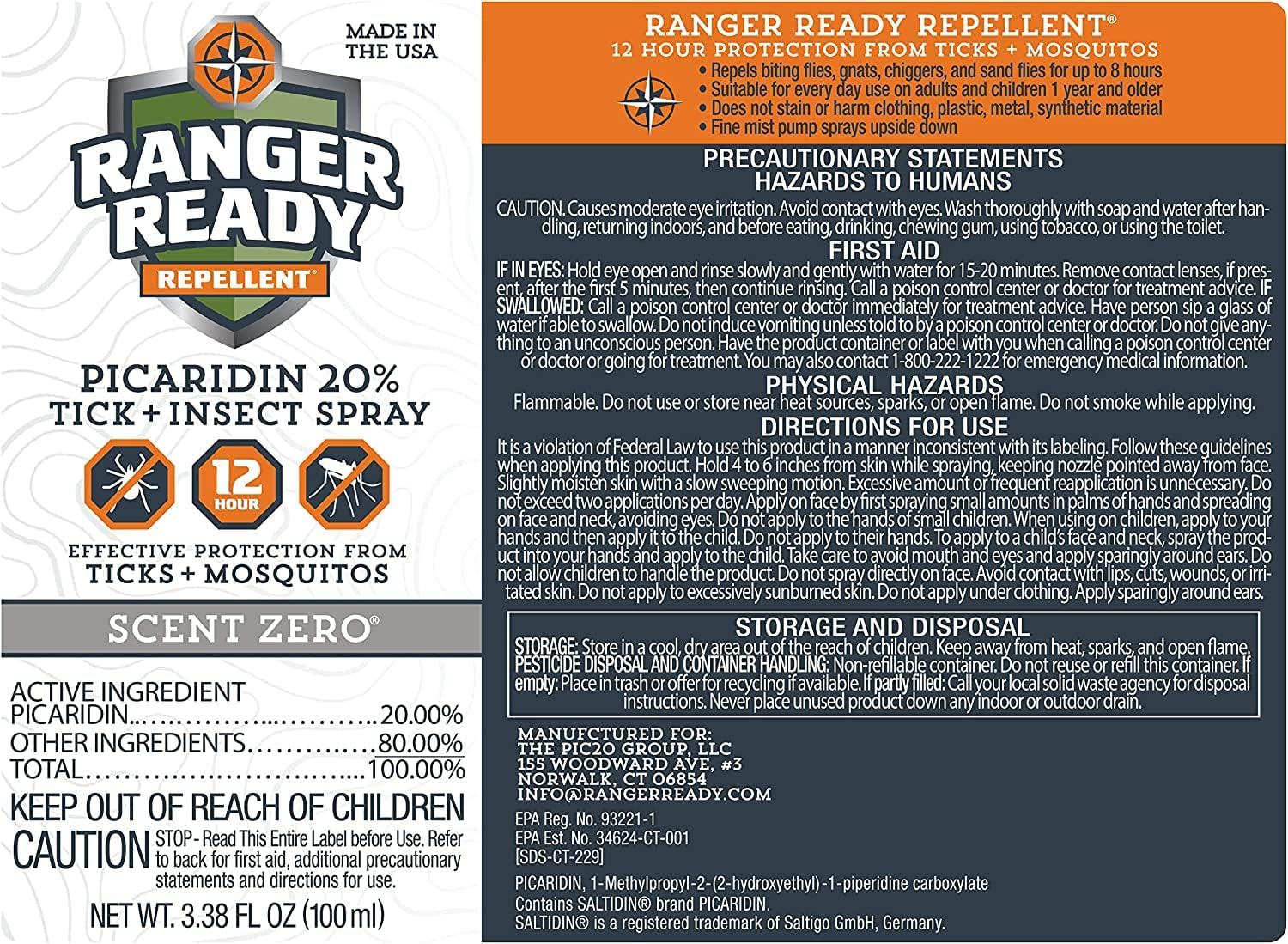 Ranger Ready Repellents Picaridin Insect Repellent Spray with Scent Zero - Mosquito Repellent and Tick Spray (8 oz., Pack of 1)