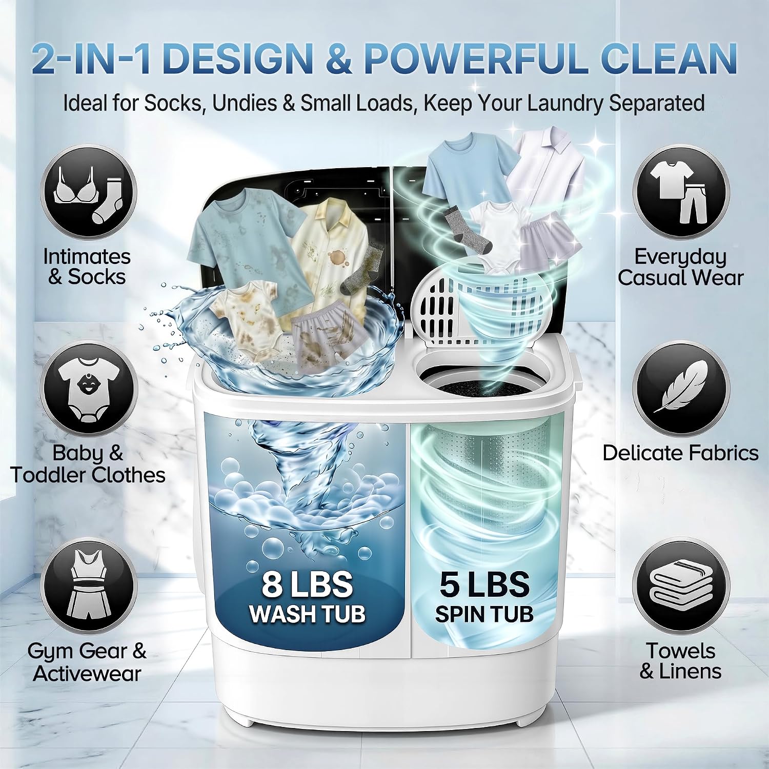 SUPER DEAL Compact Mini Twin Tub Washing Machine 13lbs Capacity Portable Washer Wash and Spin Cycle Combo, Built-in Gravity Drain for Camping