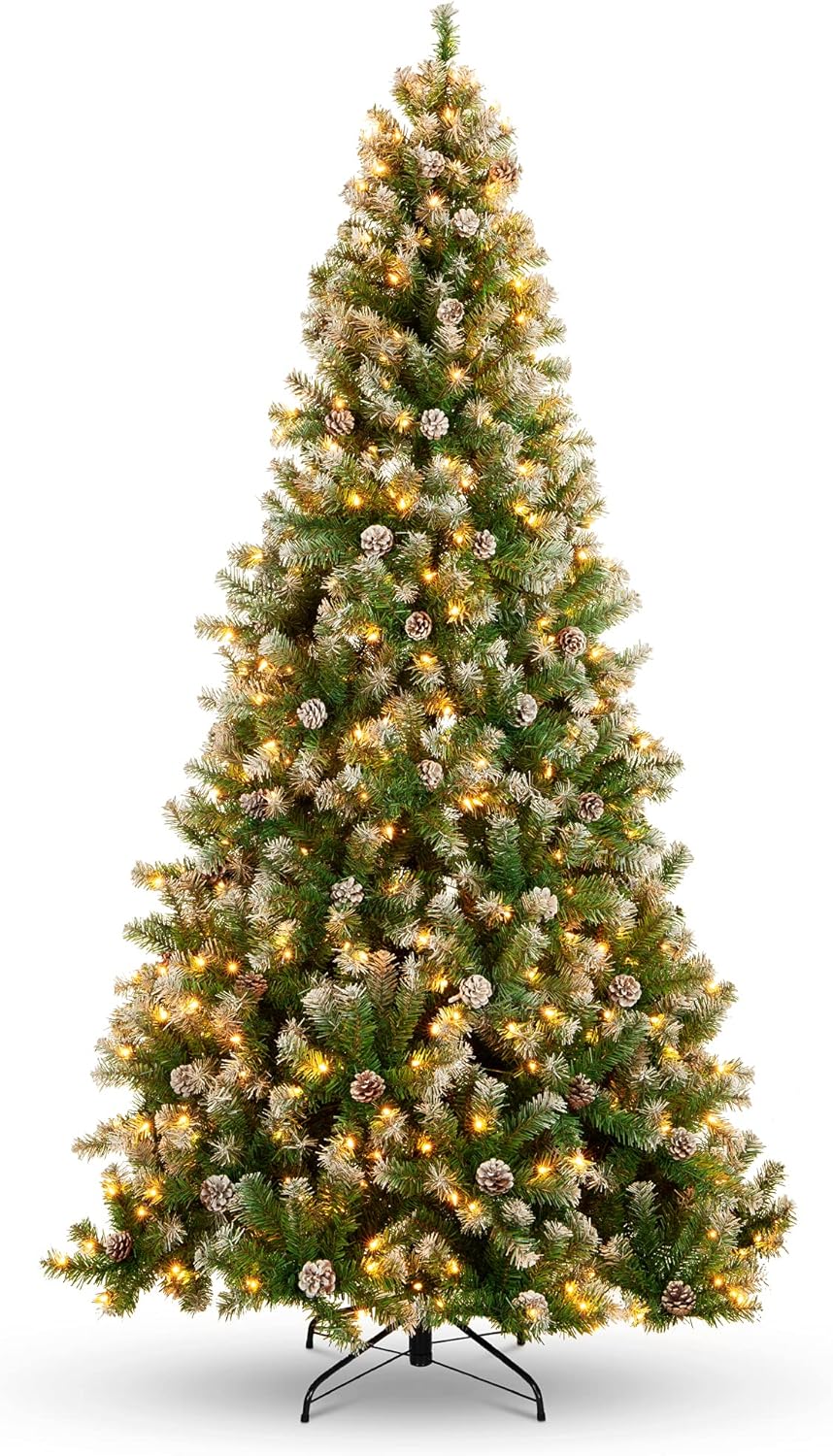 Best Choice Products 7.5ft Pre-Lit Pre-Decorated Pine Artificial Christmas Tree w/Twinkling LEDs, 1, 346 Flocked Frosted Tips, 80 Pinecones