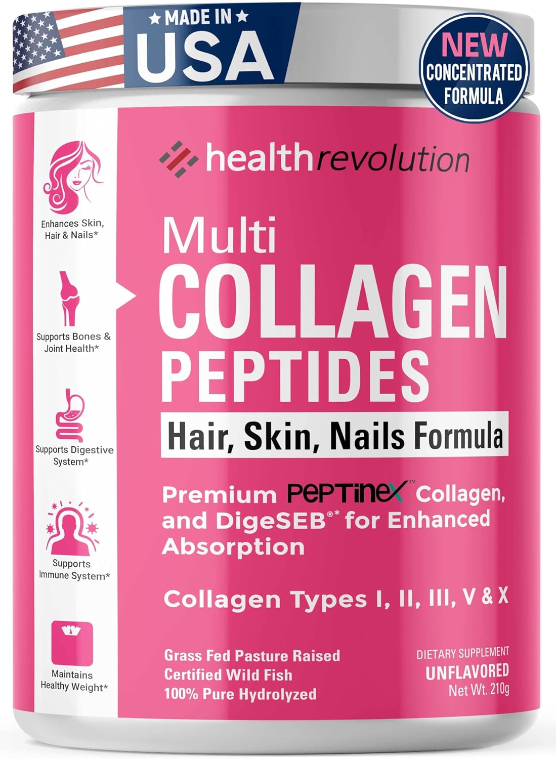 Multi Collagen Peptides Powder – Types I, II, III, V, X, Hydrolyzed Collagen for Women, 99% Absorption, Skin Hair Nails Joints