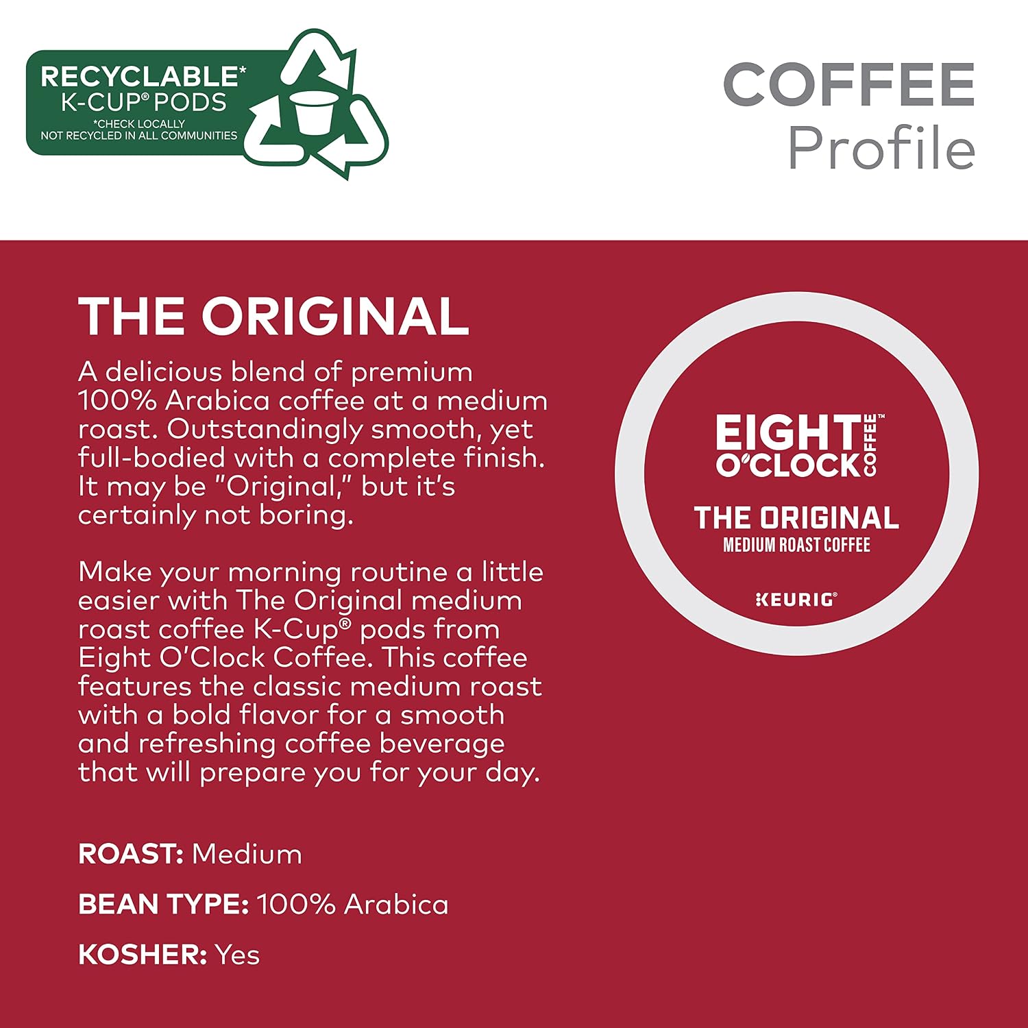 Eight O'Clock Coffee The Original, Single-Serve Keurig K-Cup Pods, Medium Roast Coffee, 24 Count