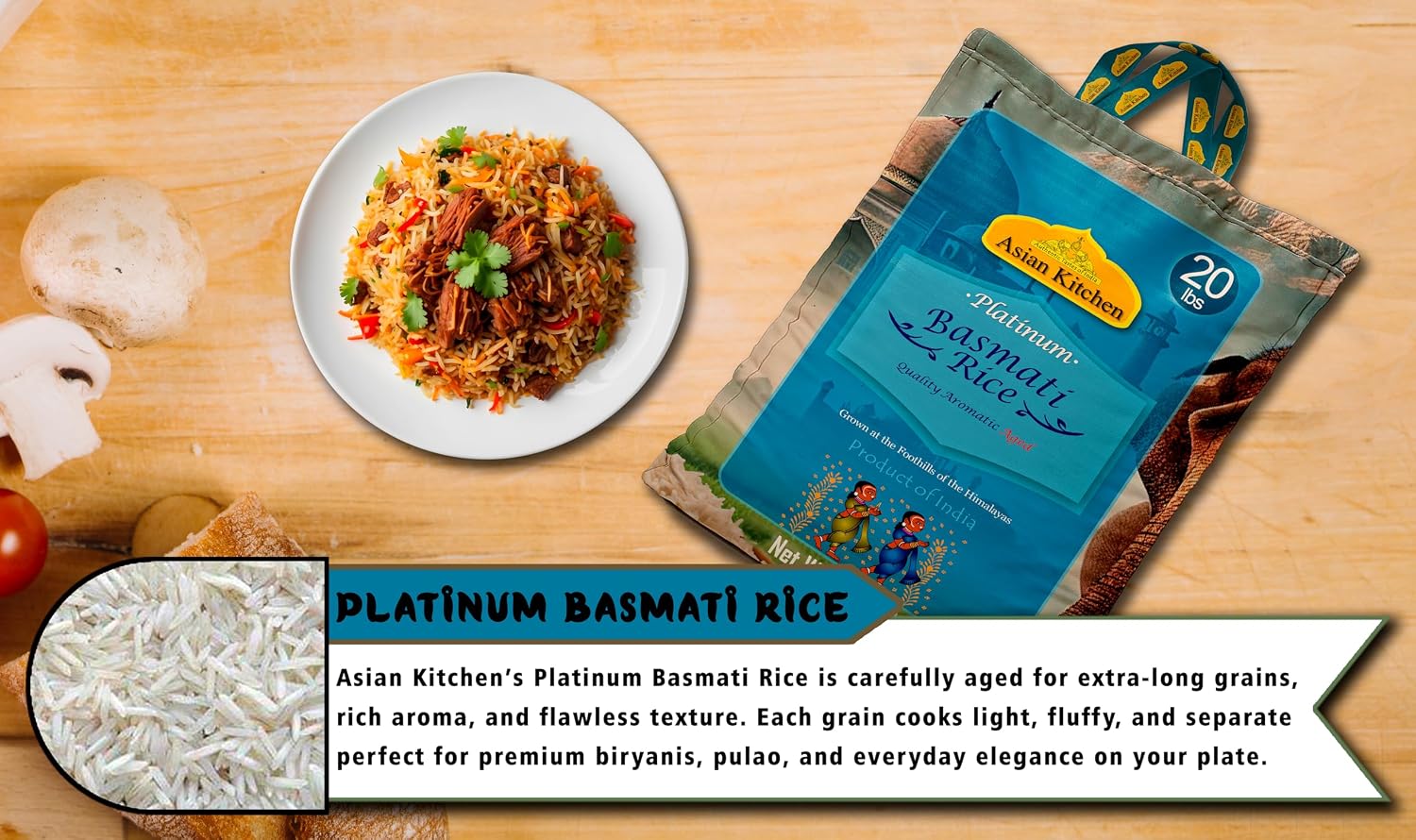 Asian Kitchen Platinum White Basmati Rice Extra Long Aged 20lbs (9.08kg) ~ All Natural | Gluten Friendly | Vegan | Indian Origin | Export Quality