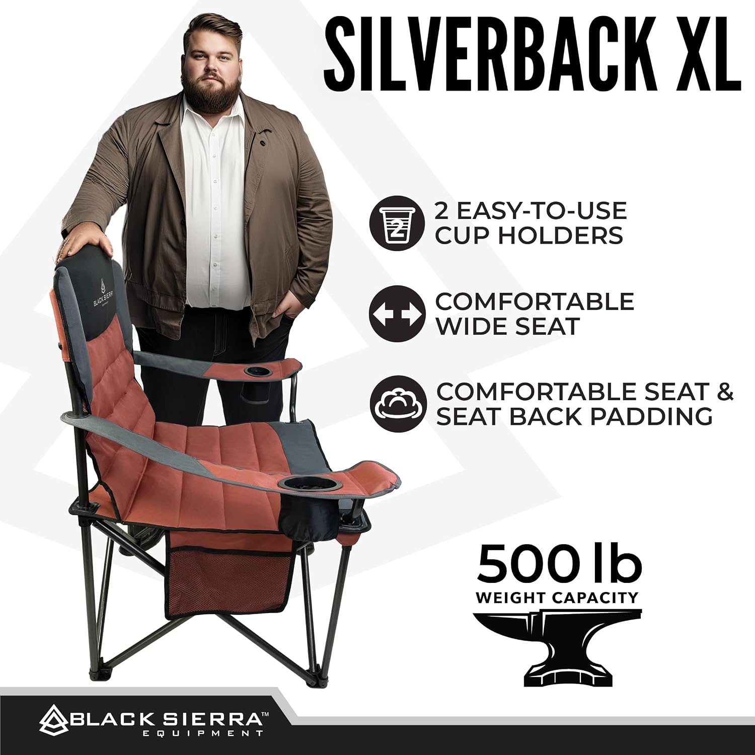 Black Sierra Oversize XL Camping Chair Supports 500 lbs, Padded Folding Outdoor Chair w/ 2 Cupholders and Carrybag