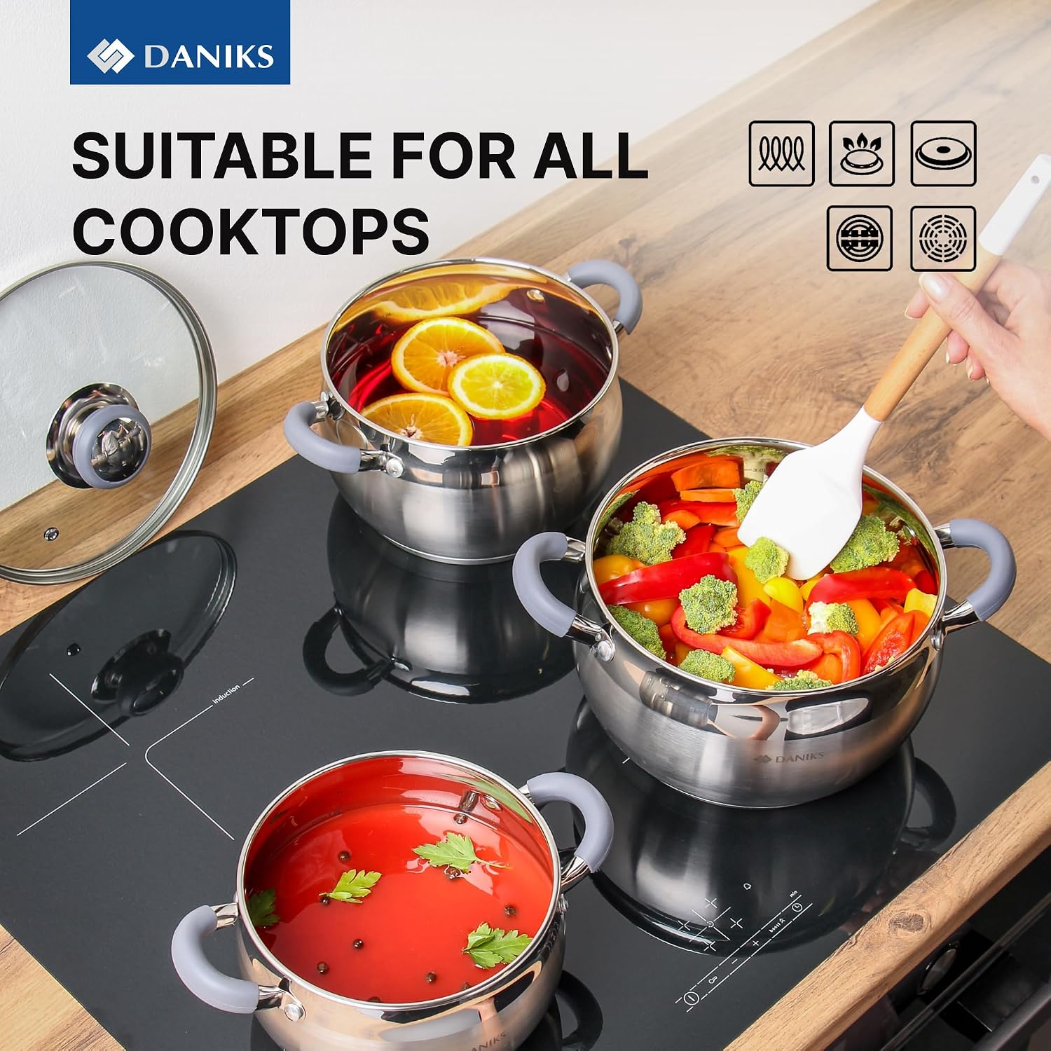Daniks Modern 4 Quart Stainless Steel Stock Pot with Glass Lid, Tri-Ply Bottom for Even Heating, Induction Compatible, Dishwasher Safe