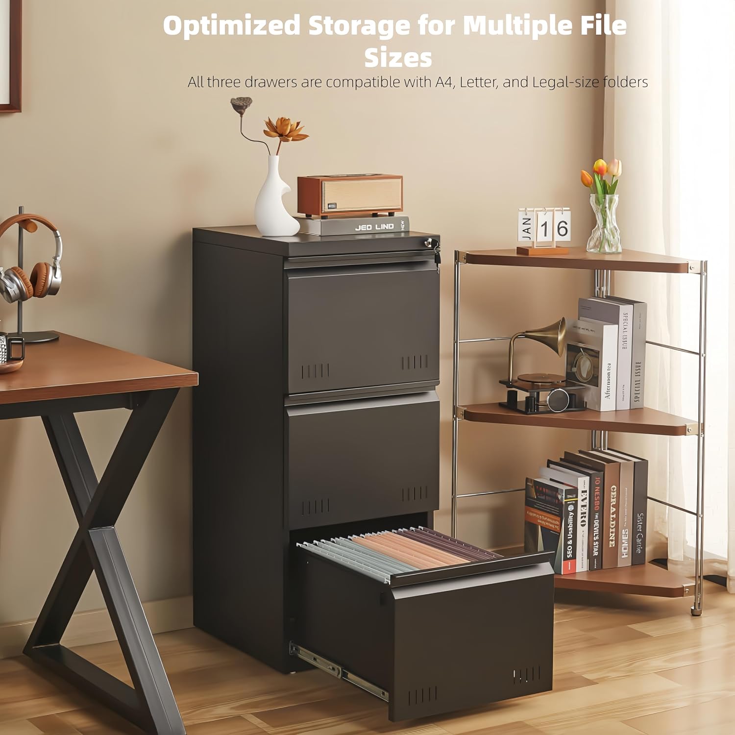 Guizeeopo 3 Drawer File Cabinet with Lock, File Cabinets for Home Office,Under Desk Cabinet, Locking File Cabinet for A4/Letter/Legal, Fully Assembled Expect Casters, Matte White