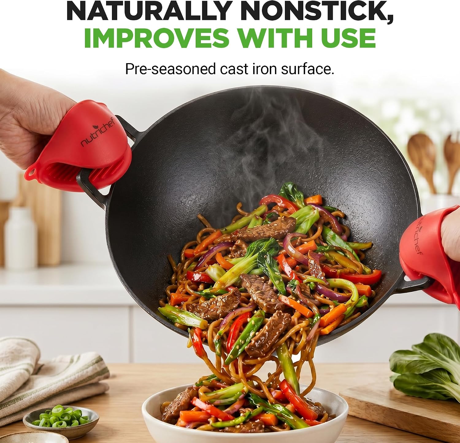 NutriChef 14" Cast Iron Wok with Wooden Lid - Pre-Seasoned Kadai for Stir-Fry with Loop Handles, Compatible with Multiple Cooktops Including Induction
