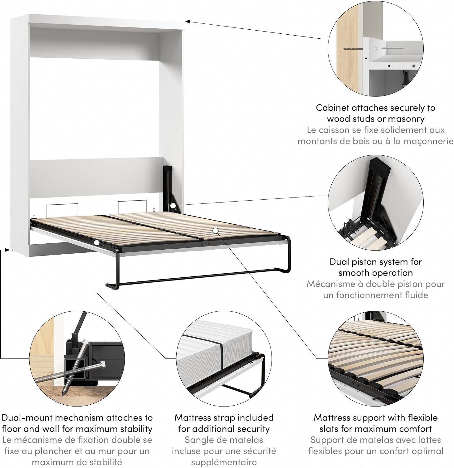 Bestar Pur Queen Murphy Bed, 65-inch Space-Saving Sleeping Arrangement for Multipurpose Area, Bedroom, Guest Room, or Living Room | Dual piston mechanism; for guest room or multipurpose space; Shaker-inspired trim with metal handles