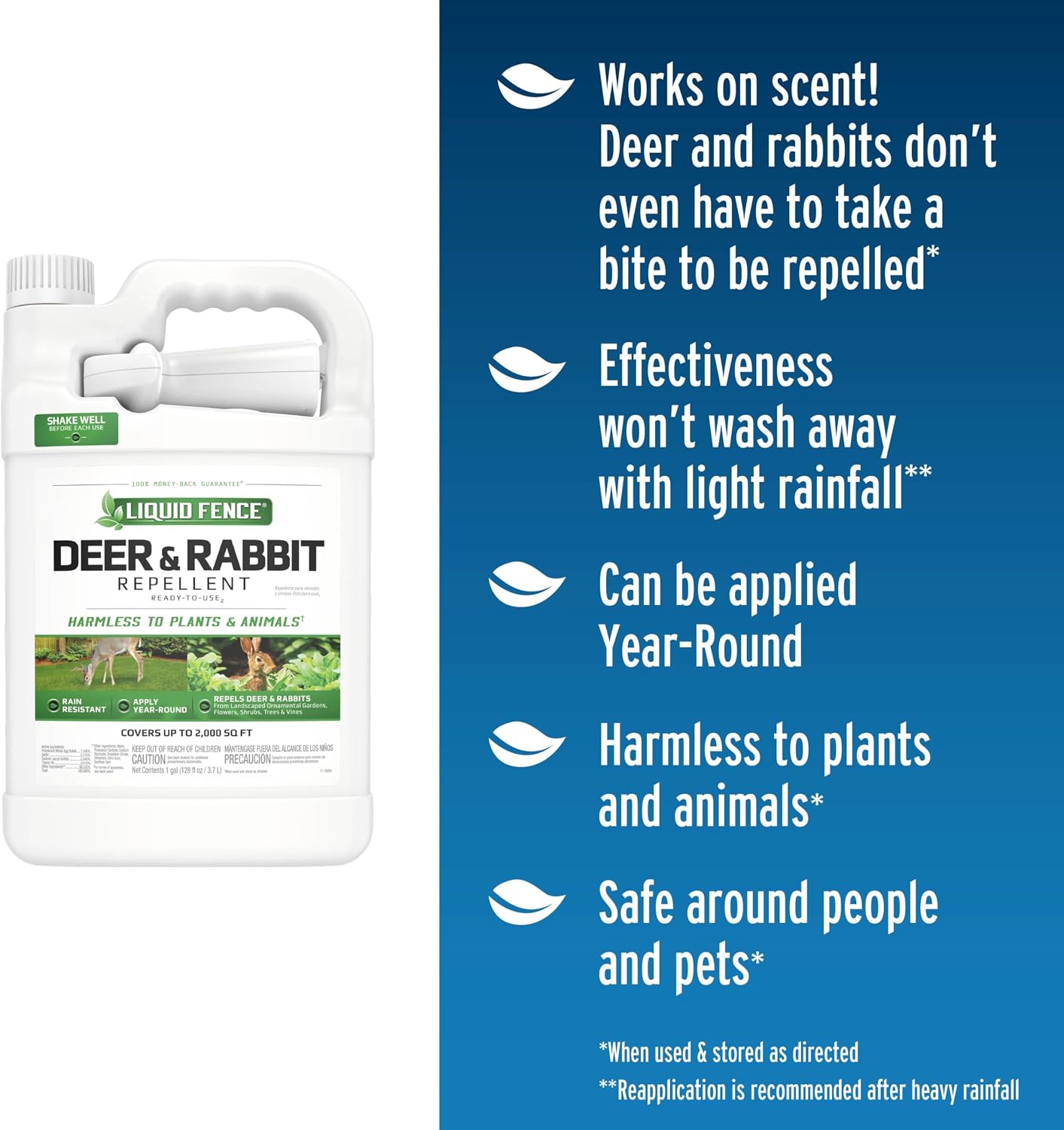 Liquid Fence Deer and Rabbit Repellent Ready-to-Use Spray, 1 Gallon | Use to Treat on Gardens, Flowers, Shrubs, Trees & Vines, Covers up to 2,000 Sq. Ft., Harmless to Plants & Animals