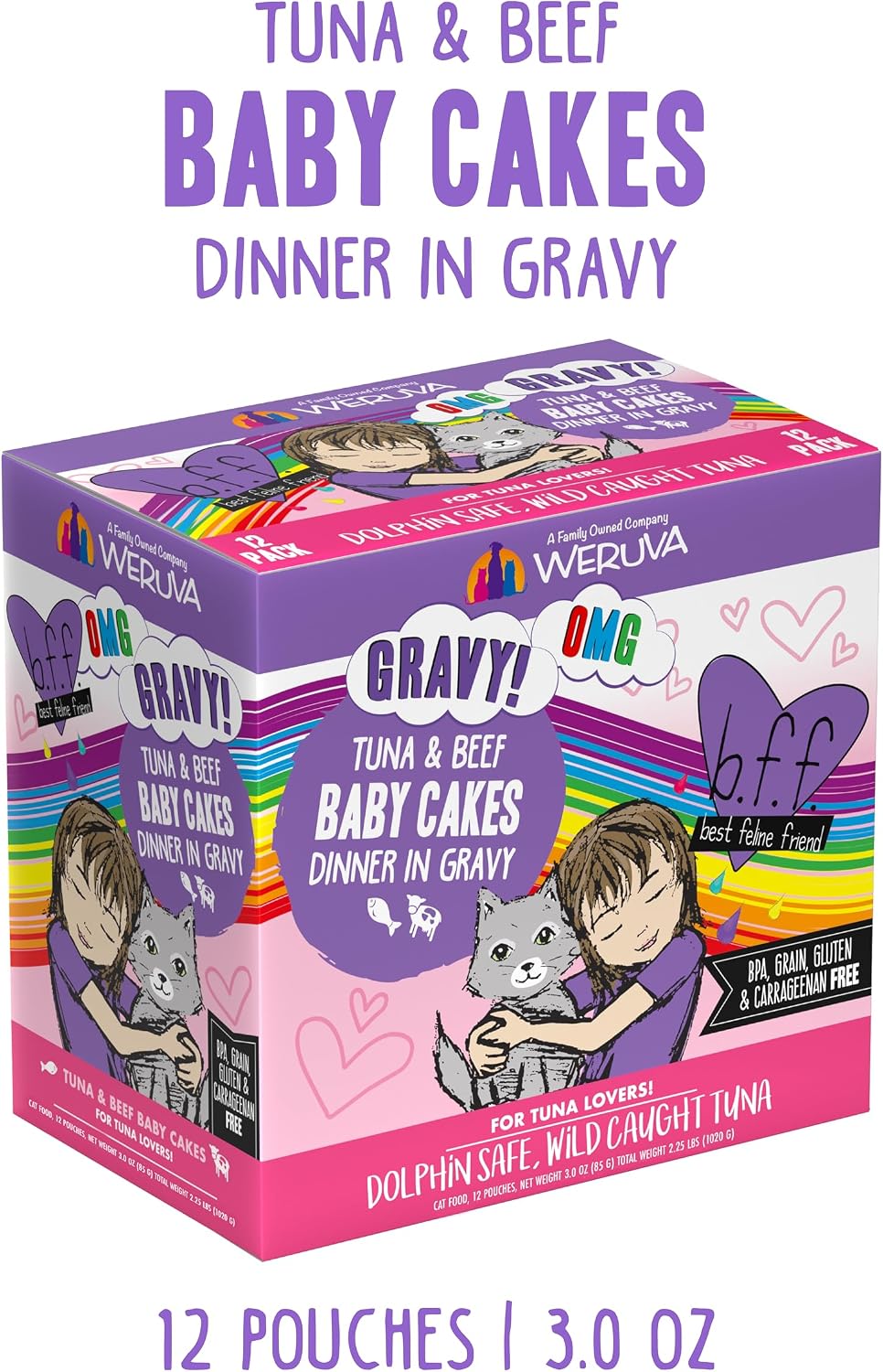 Weruva B.F.F. OMG - Best Feline Friend Oh My Gravy!, Tuna & Salmon Sweet Cheeks with Tuna & Salmon in Gravy Cat Food, 3oz Pouch (Pack of 12)
