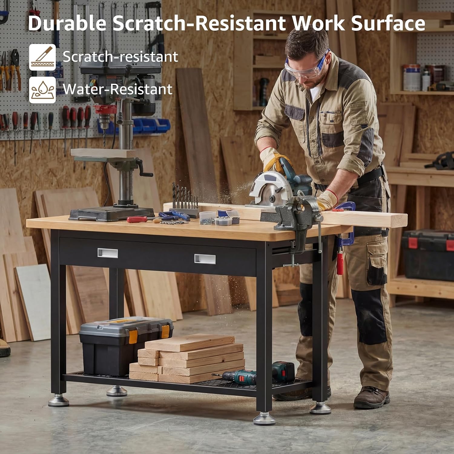 39.4" Workbench with Drawer and Pegboard - Heavy Duty Steel Garage Work Table, Small Tool Bench for Workshop, Woodworking, Crafting & Repair