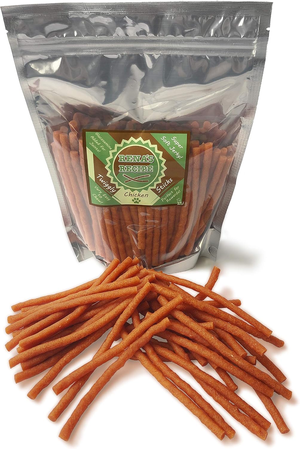 Rena's Recipe Twiggly Chicken Sticks Dog Treats, 24 oz, Approx. 100 Pieces | Rawhide-Free Soft Chicken Jerky Sticks with Glucosamine