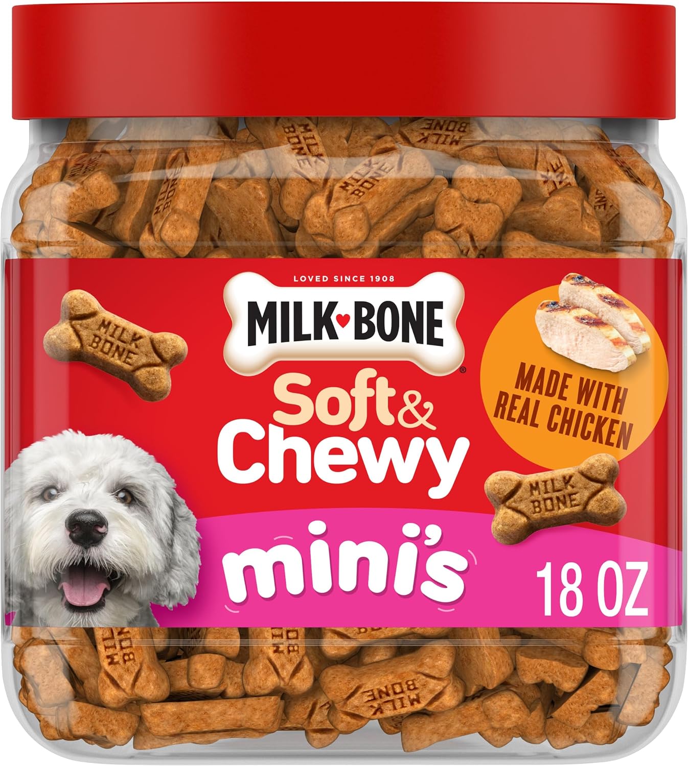 Milk-Bone Soft & Chewy Dog Training Treats, 25 oz Canister | Made with real chicken breast, soft dog treats for training and rewarding, 18% protein, fortified with vitamins and minerals