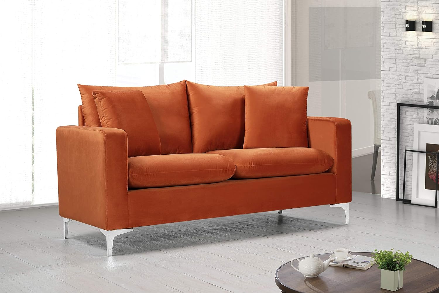 Meridian Furniture Naomi Collection Modern | Contemporary Grey Velvet Upholstered Loveseat with Stainless Steel Base in a Rich Gold or Chrome Finish, 633Grey-L