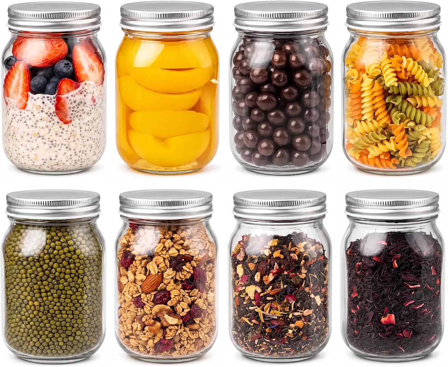 YINGERHUAN Glass Regular Mouth Mason Jars, 16 oz Clear Glass Jars with Silver Metal Lids for Sealing, Canning Jars for Food Storage, Overnight Oats