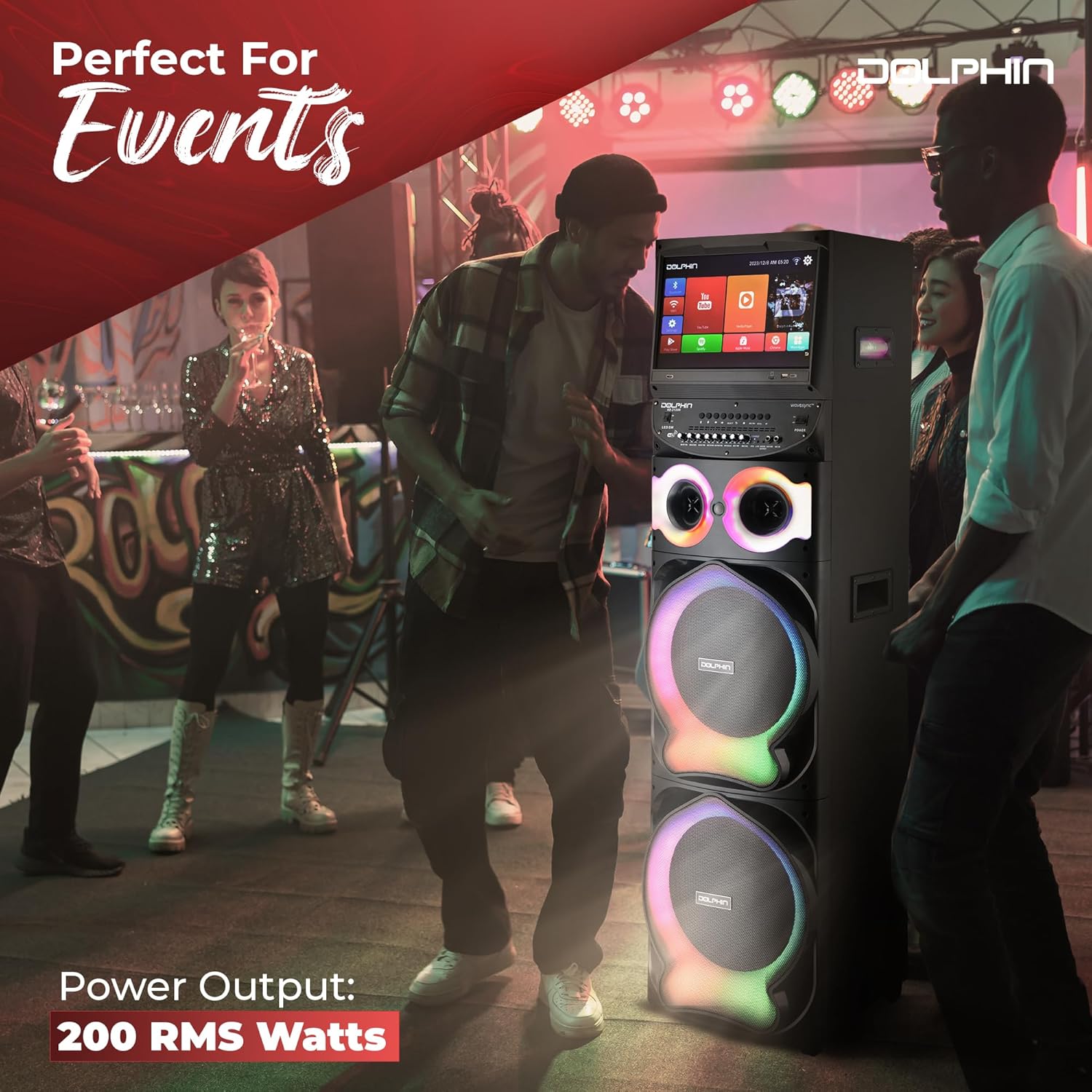 Dolphin Karaoke Machine with 2 Wireless Microphones, Dual 12" Woofers | 200W RMS, 15.4" Touchscreen, Android, Bluetooth, HDMI, WiFi, USB, TF