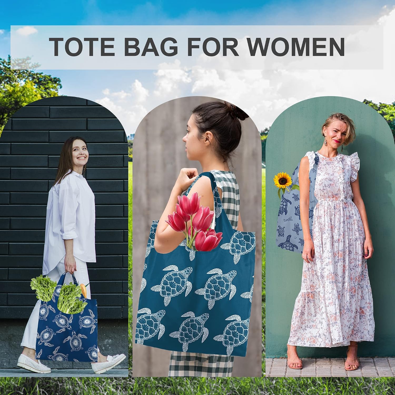 BeeGreen Grocery Bags | Reusable Gift Bags, Large Tote for Women & Foldable Beach Bag - 6 Pack Reusable Bag With Handles | Collapsible Cute Cloth Storage for Market, Holiday & Shopping | Washable​